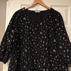 TIME AND TRU Black Floral Corduroy Midi Dress Size XXL Bishop Sleeves Classy